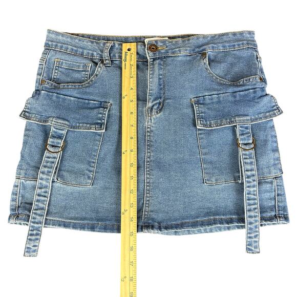Telepatia Denim Skirt Women Size 16 Light Blue Wash Utilitarian Pockets Y2K Mini - Picture 7 of 10